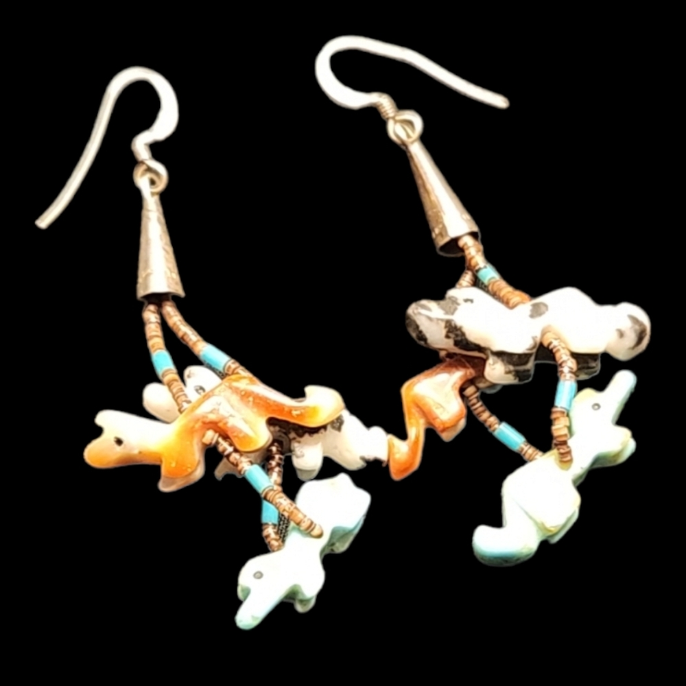 VINTAGE ZUNI NATIVE AMERICAN HESHI BEADED TURQUOISE FETISH DANGLE EARRINGS - Picture 3 of 8